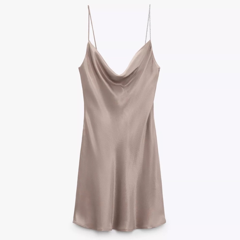 Zara Tan Satin Chemise with Cowl Neckline